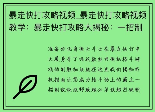 暴走快打攻略视频_暴走快打攻略视频教学：暴走快打攻略大揭秘：一招制敌，横扫街机厅